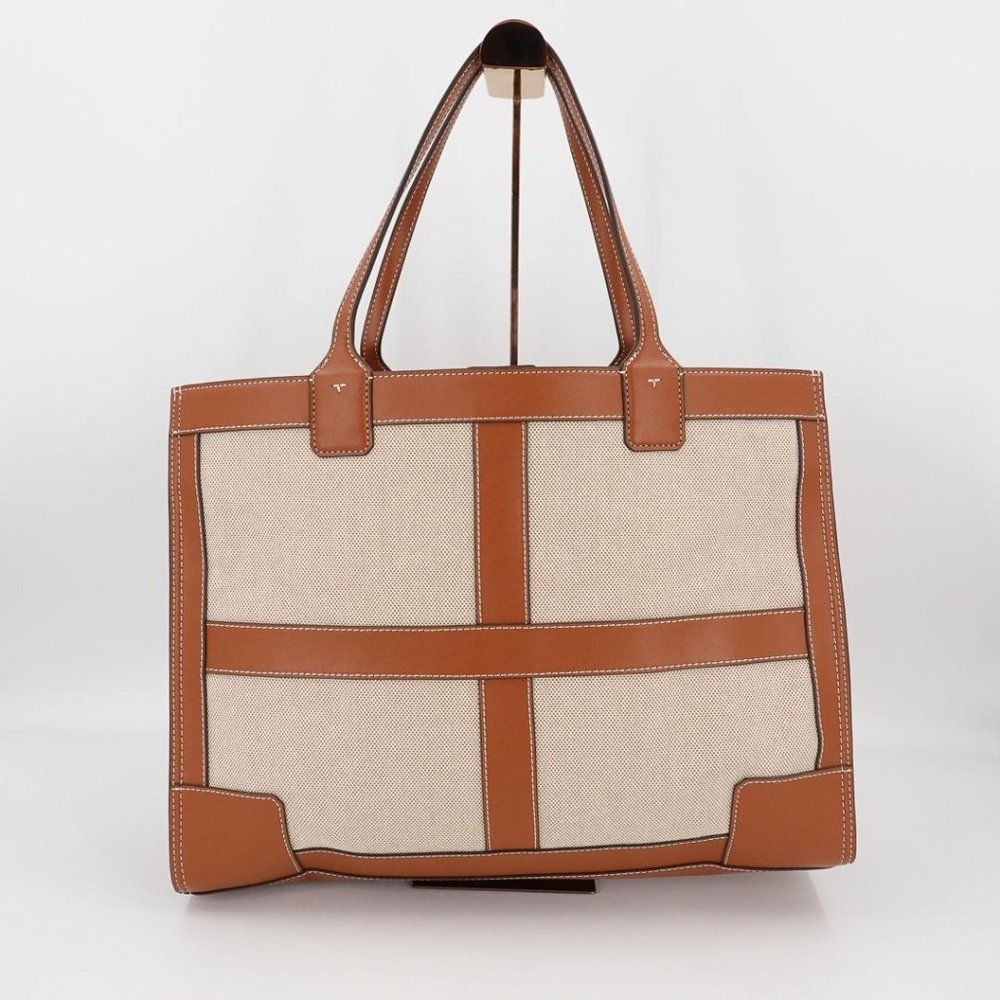 Tory Burch Ella Canvas Tote Quadrant Tote Bag Beige Brown - Picture 4 of 12